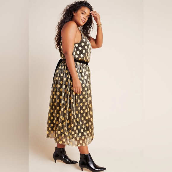 Anthropologie Sunday in Brooklyn Metallic Polka Dot Dress with Velvet Belt - Picture 3 of 10
